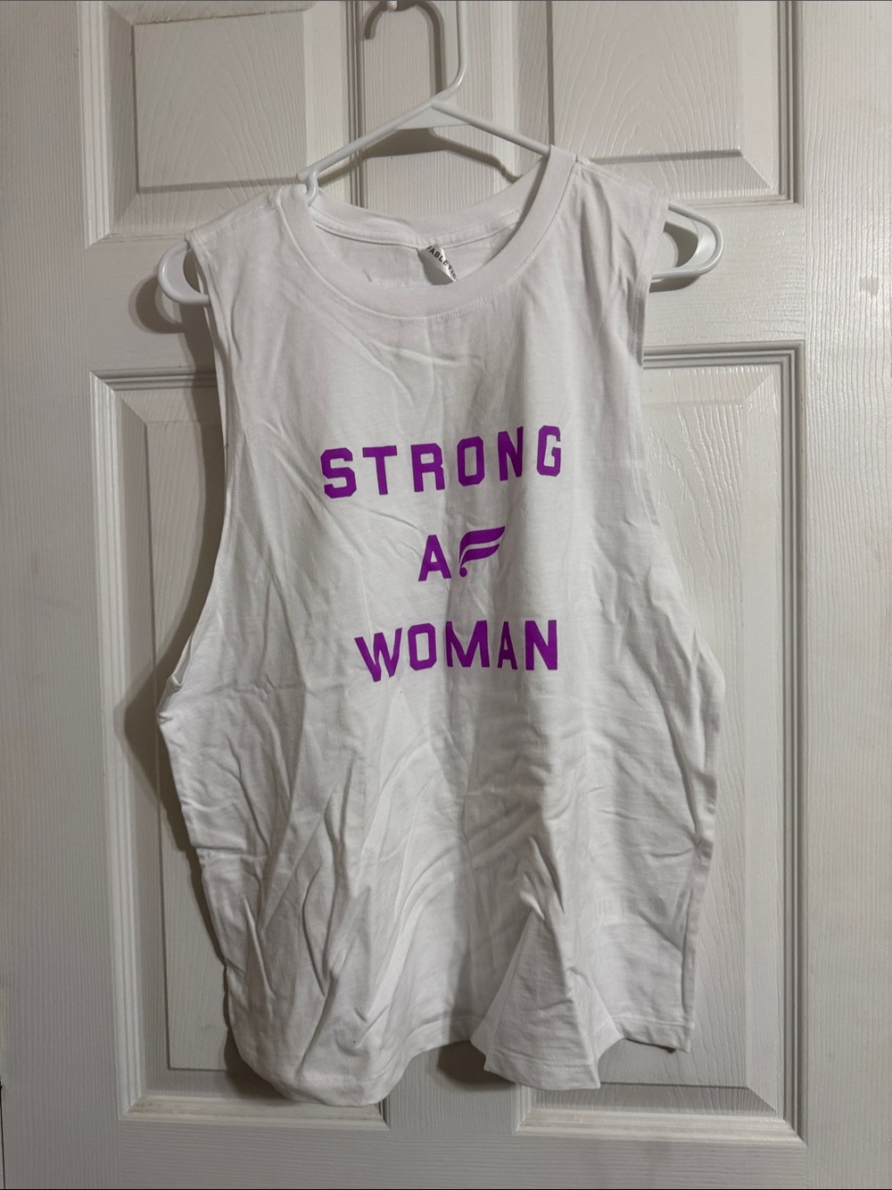 Fabletics White Muscle Tee with Purple "Strong AF Woman" Graphic